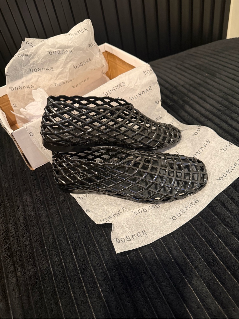 BAMBOO Black Open Lattice Slip-On Sandals